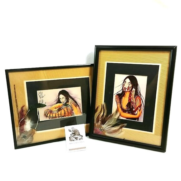 Western Tribal Portrait Art Prints Framed Double Matted 3-d collage Ranch Decor - Picture 11 of 12